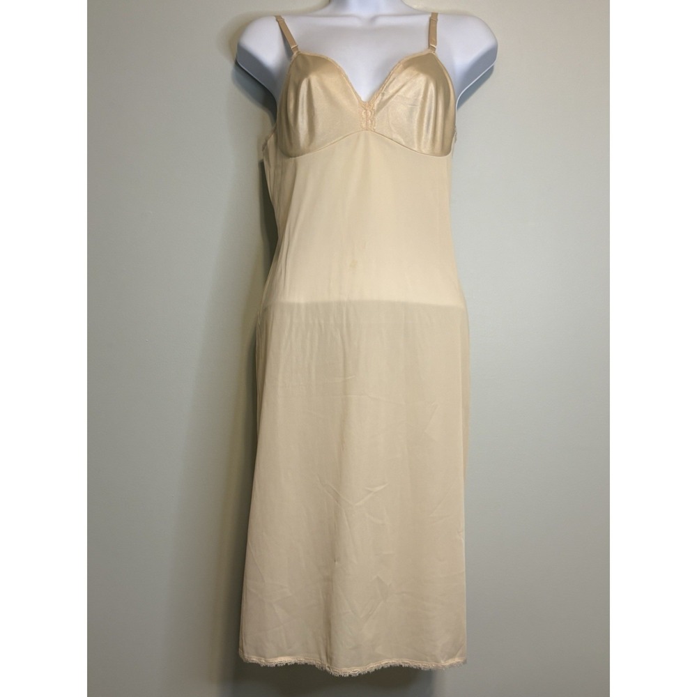 Vintage 90's Vanity Fair Beige Full Slip Dress Nylon Lace Hem Size 34 Y2K